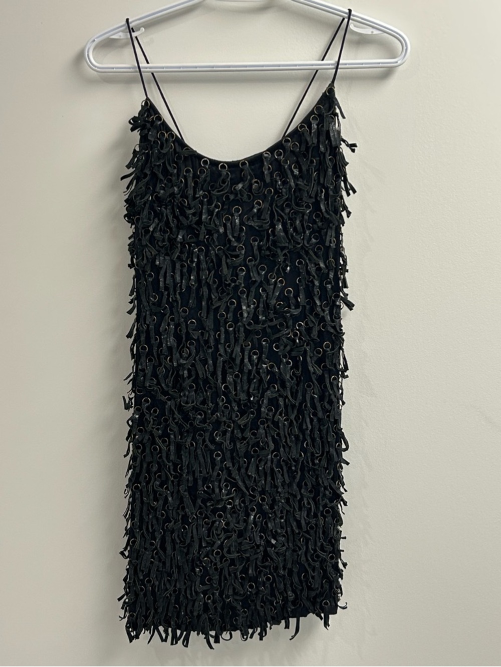 Theia Black Fringe Loop Mini Dress